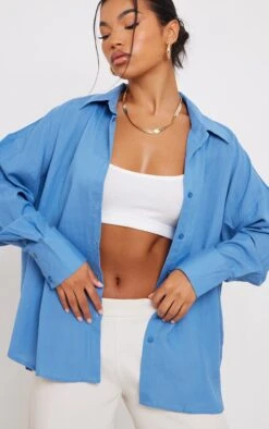 Blue Linen Feel Oversized Shirt
