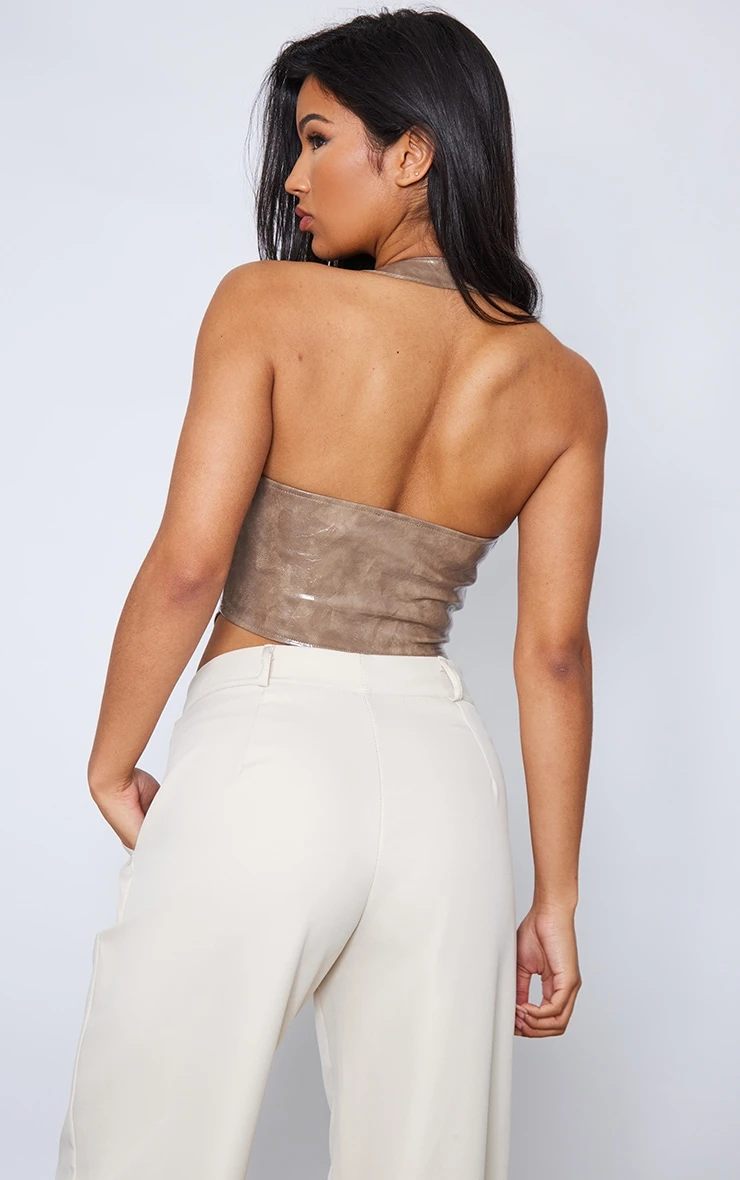 Stone Washed Faux Leather Lace Up Plunge Halter Neck Top - Image 2