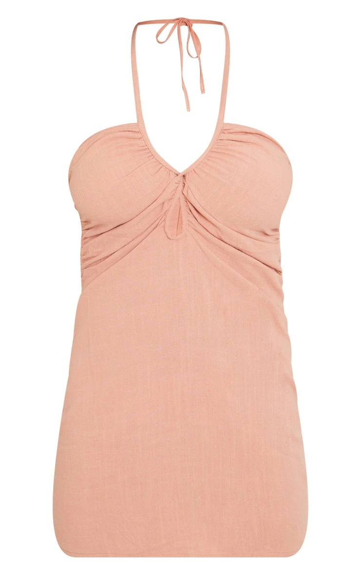 Rust Linen Look Ruched Cut Out Halterneck Bodycon Dress - Image 5