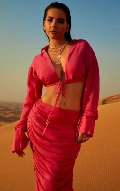 Hot Pink Tie Front Cropped Shirt