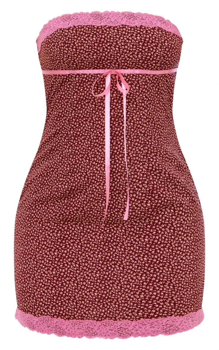 Pink Floral Lace Detail Bandeau Bodycon Dress - Image 5