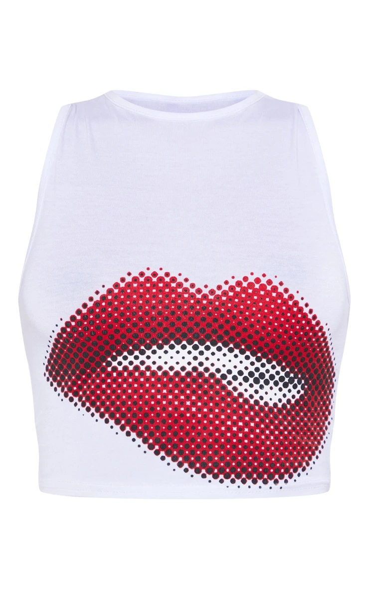 White Kiss Print Racer Crop Top - Image 5