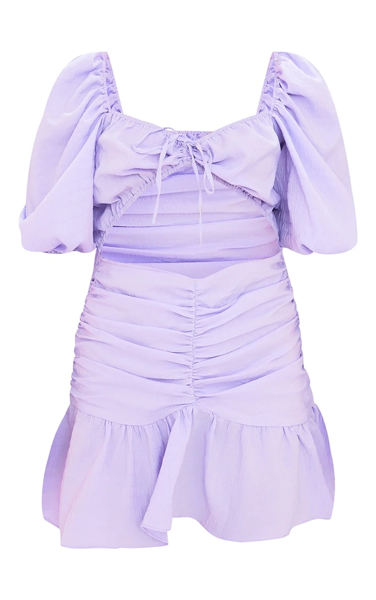 Lilac Textured Puff Sleeve Ruched Frill Hem Bodycon Dress - Image 5