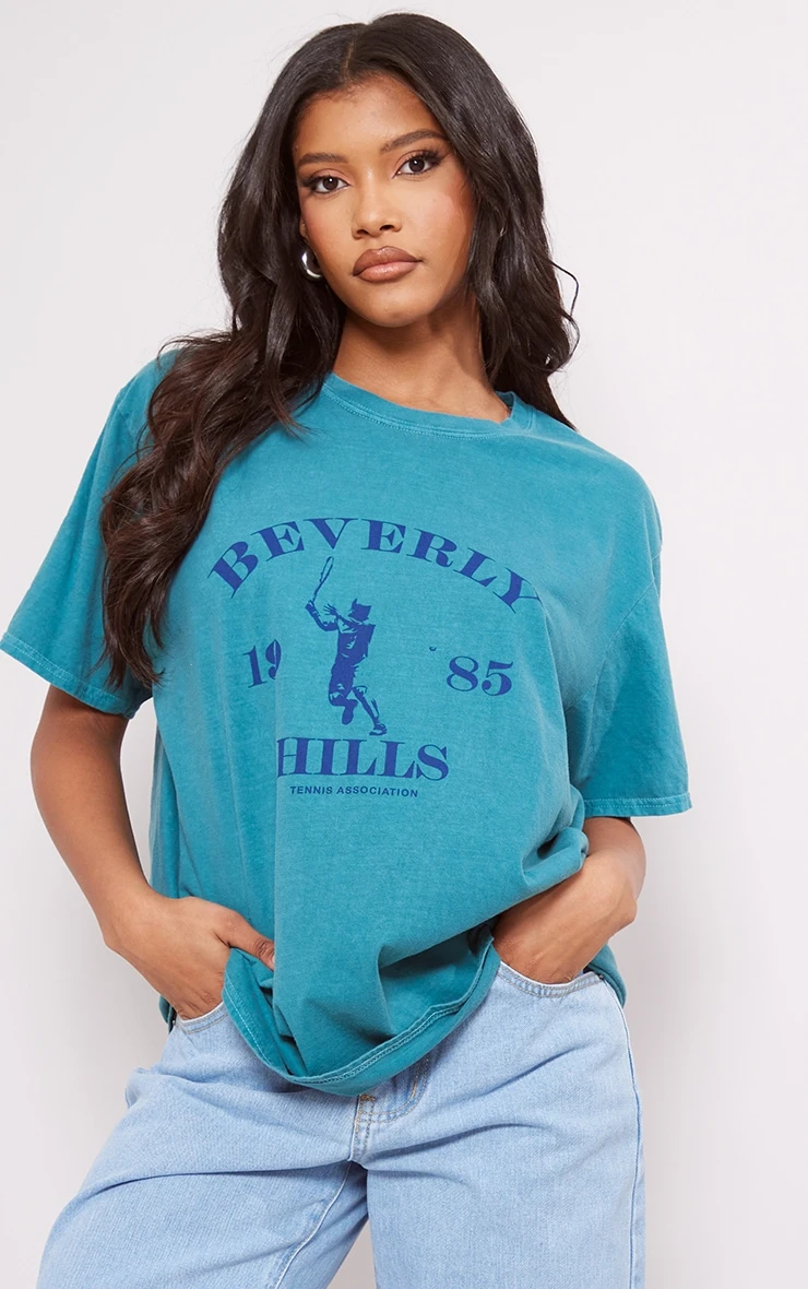 PRETTYLITTLETHING Teal Washed Beverley Hills Print T Shirt