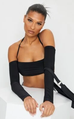 Black Slinky Halterneck Long Sleeve Crop Top