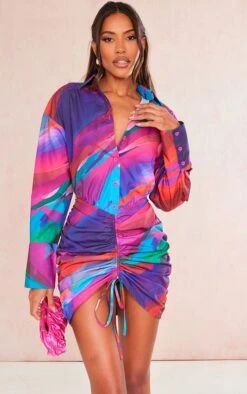 Multi Abstract Print Oversized Shirt Ruched Bodycon Dress
