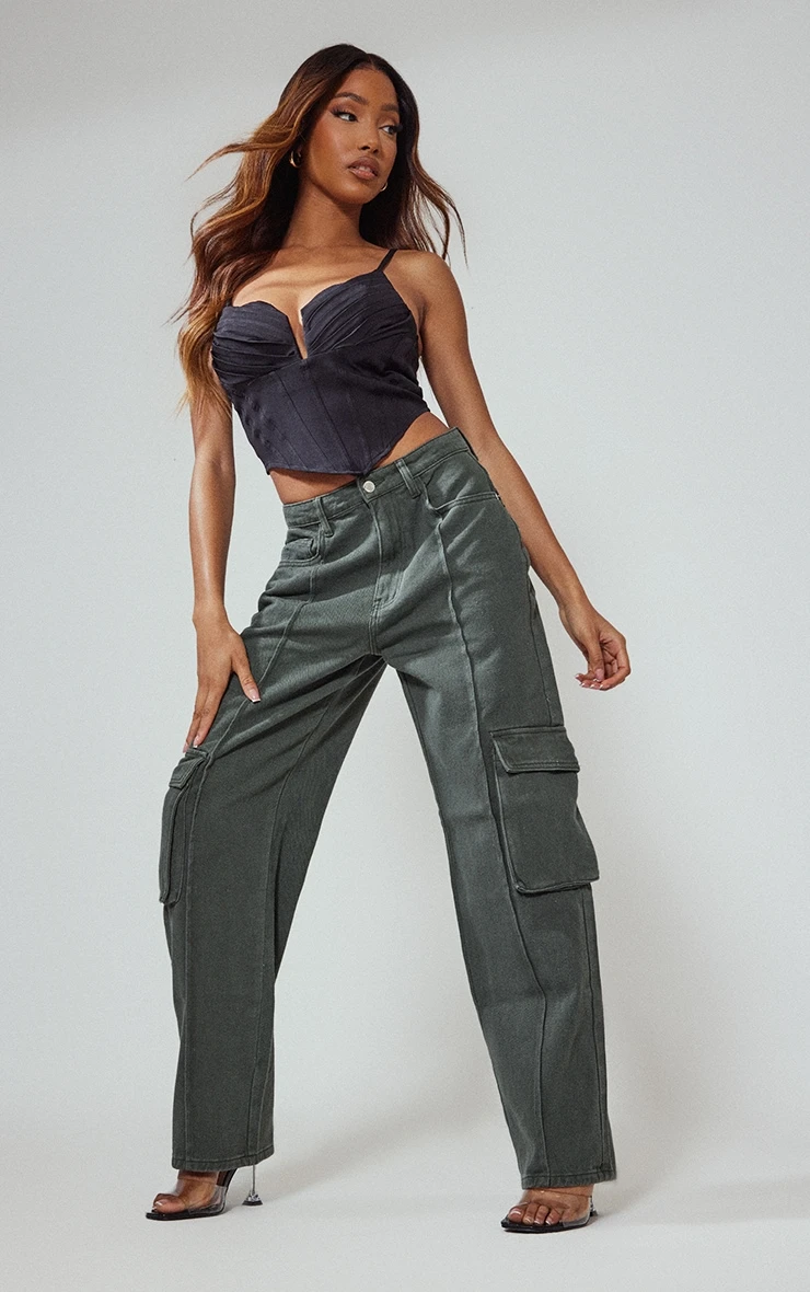 Black Strappy Pleated Bust Corset Detail Crop Top - Image 3