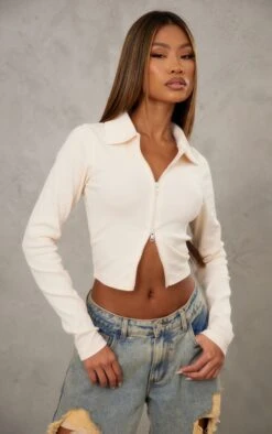 Cream Jumbo Rib Collar Double Zip Top