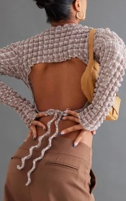 Brown Textured Bubble Tie Back Crop Top