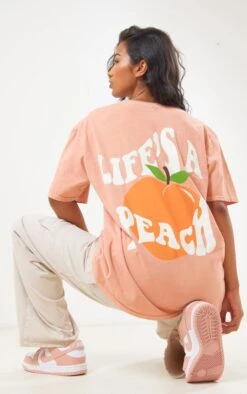 Coral Washed Lifes A Peach Printed T Shirt