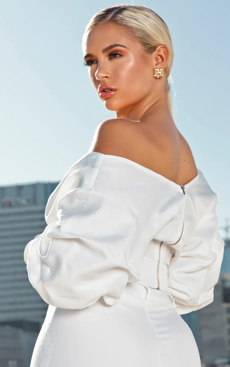 White Woven Puff Sleeve Crop Shirt - Image 2