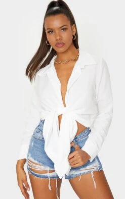 White Textured Tie Front Shirt