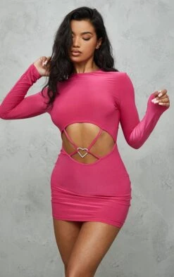 Hot Pink Slinky Heart Trim Detail Long Sleeve Bodycon Dress