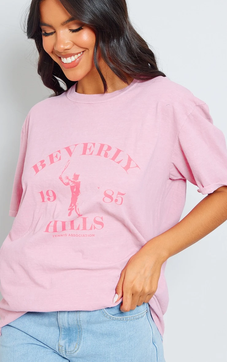 PRETTYLITTLETHING Baby Pink Washed Beverley Hills Print T Shirt - Image 4