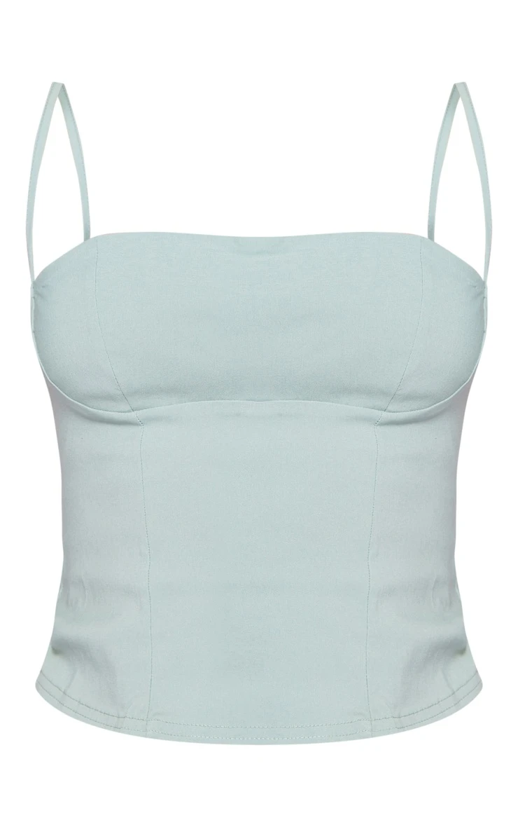 Pastel Green Stretch Woven Spaghetti Strap Bust Detail Crop Top - Image 5