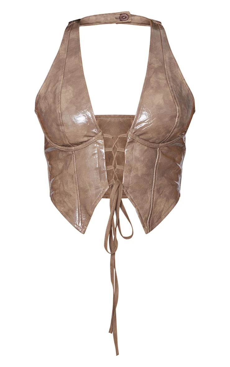 Stone Washed Faux Leather Lace Up Plunge Halter Neck Top - Image 5