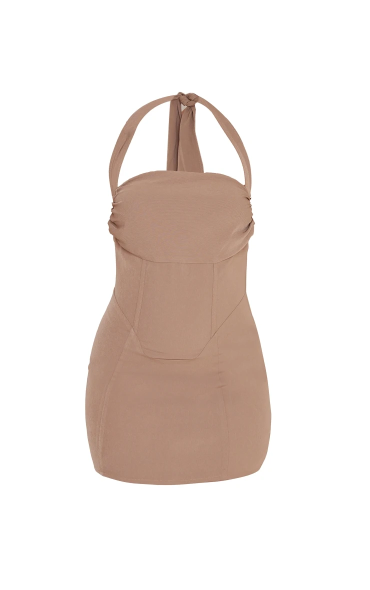 Mocha Woven Halter Tie Boned Bodycon Dress - Image 5