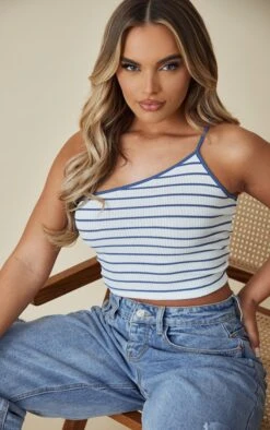 Blue Stripe Rib One Shoulder Top