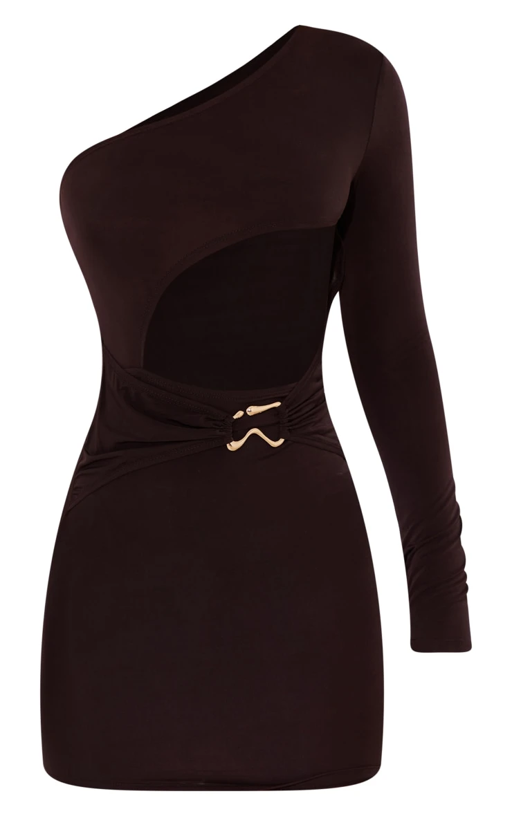 Chocolate Slinky One Shoulder Trim Detail Cut Out Bodycon Dress - Image 5