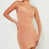 Taupe Slinky Ruched Strap Detail Bodycon Dress
