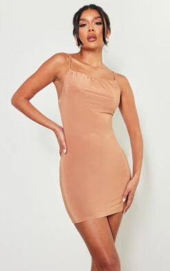 Taupe Slinky Ruched Strap Detail Bodycon Dress