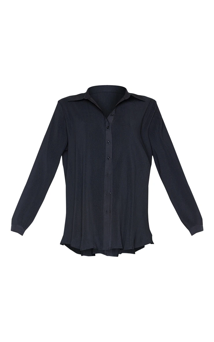 Black Plisse Button Front Oversized Shirt - Image 5