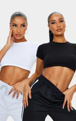 Basic Black & White Cotton Blend Roll Sleeve Crop T Shirt 2 Pack
