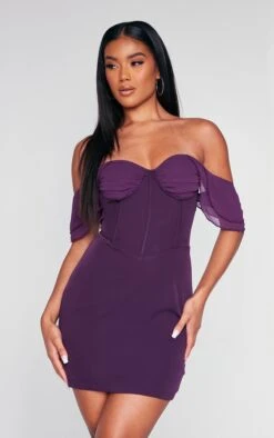 Plum Ruched Cup Detail Bardot Drape Bodycon Dress