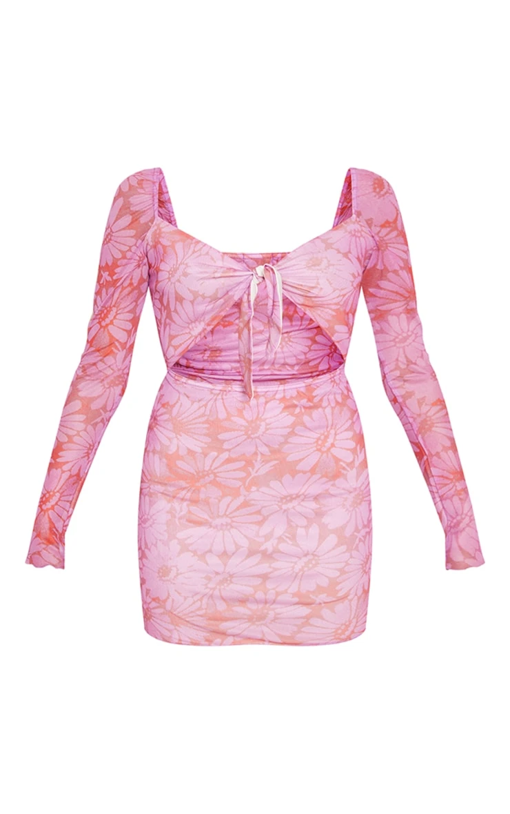 Hot Pink Floral Print Mesh Tie Front Cut Out Bodycon Dress - Image 5