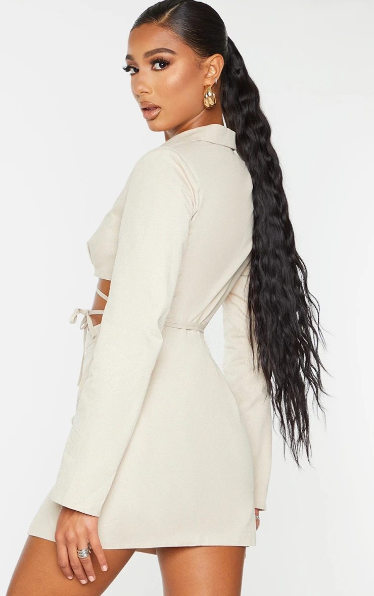 Stone Woven Cut Out Tie Waist Utility Style Blazer Bodycon Dress - Image 4