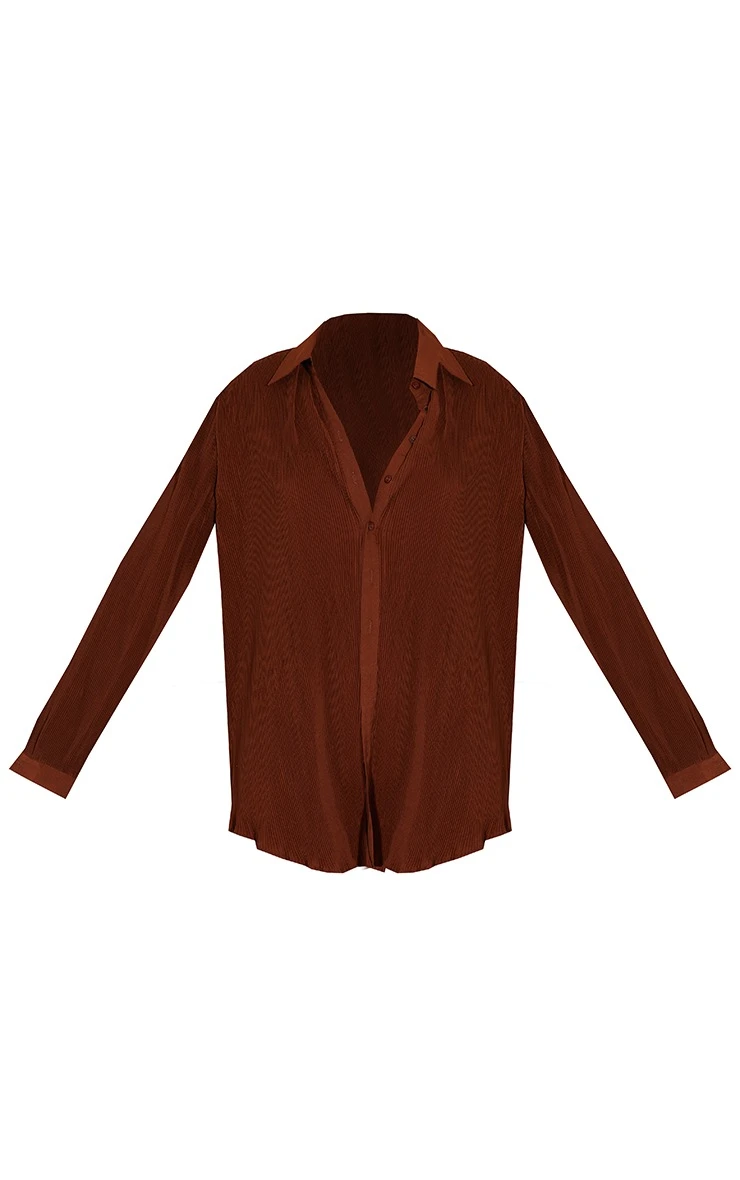 Chocolate Brown Plisse Button Front Oversized Shirt - Image 5