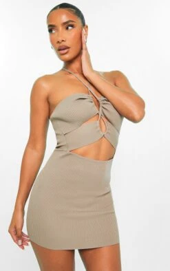 Taupe Lace Cross Front Rib Knit Dress