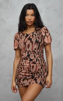 Multi Ruched Bodice Volume Sleeve Leopard Print Mini Dress