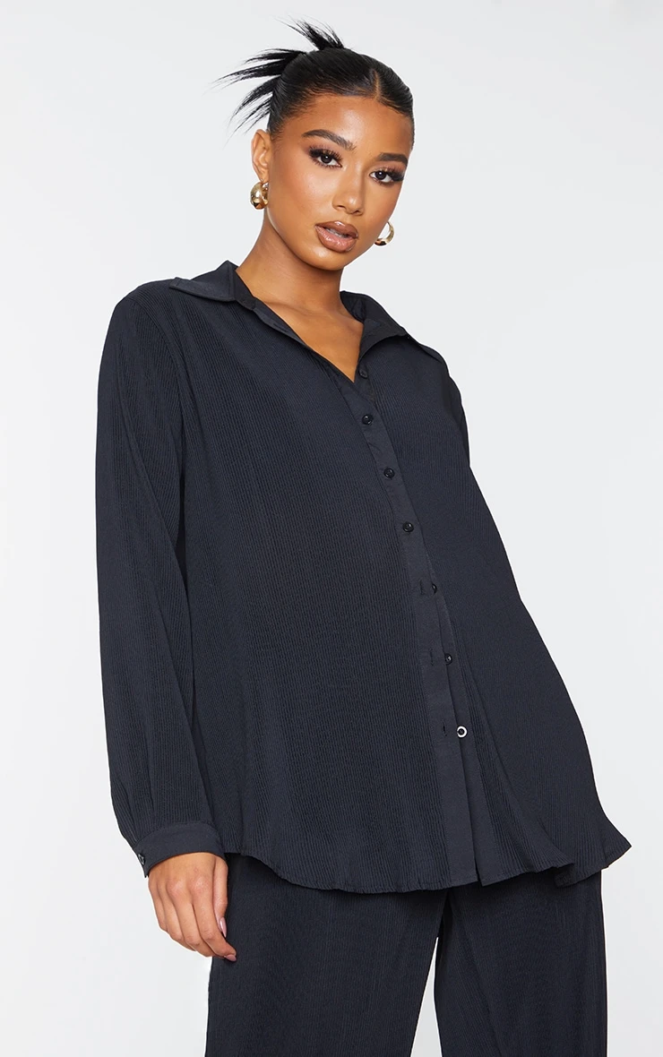Black Plisse Button Front Oversized Shirt - Image 3