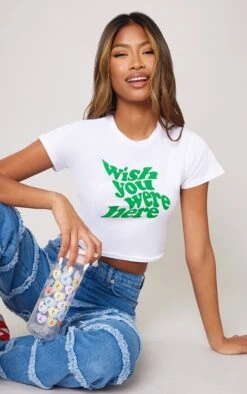 White Wish You Were Here Print Crop T Shirt