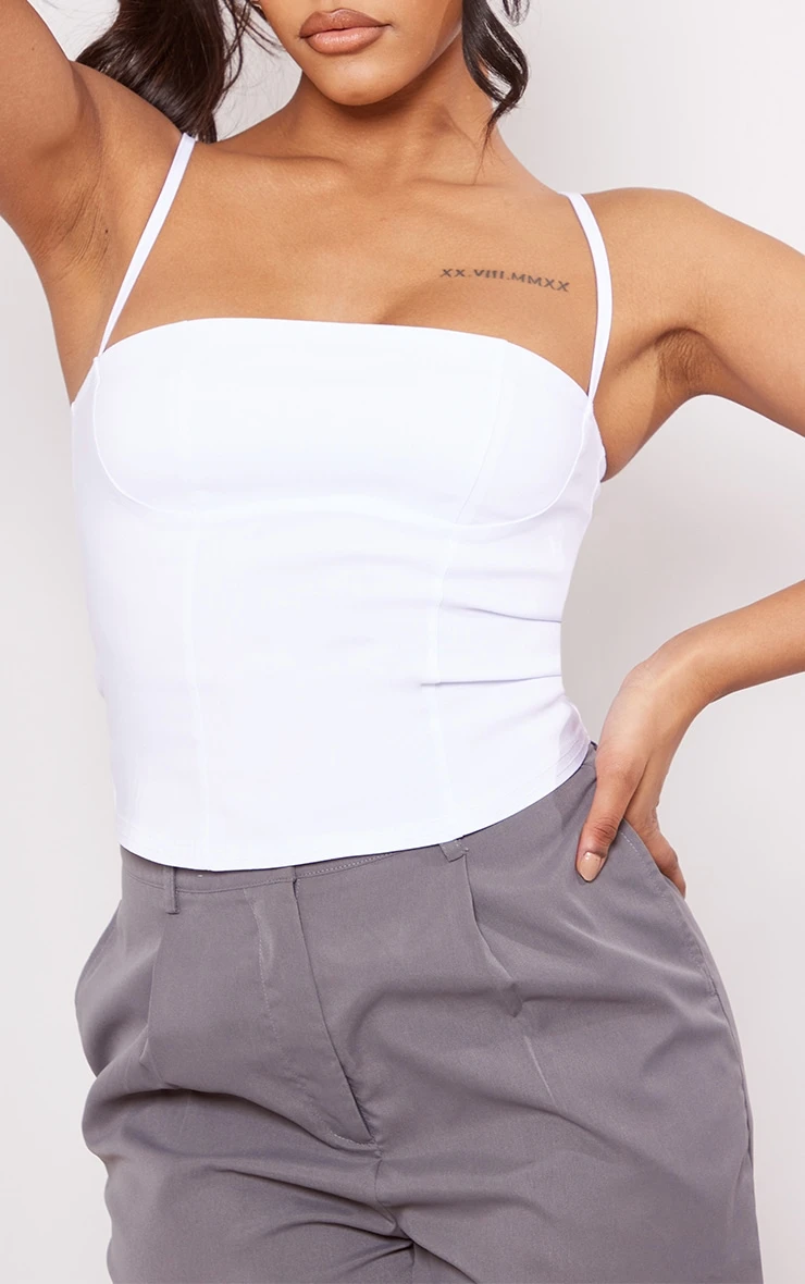 White Stretch Woven Spaghetti Strap Bust Detail Crop Top - Image 4