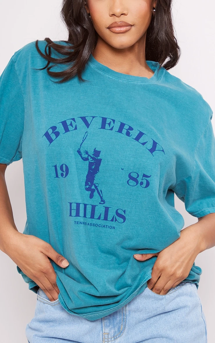 PRETTYLITTLETHING Teal Washed Beverley Hills Print T Shirt - Image 4