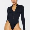 Black Contour Rib Zip Up Long Sleeve Bodysuit
