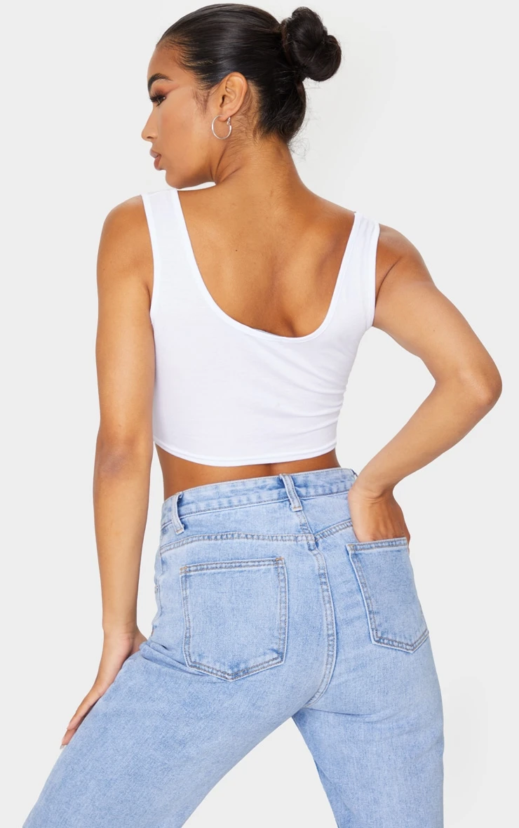 Basic White Cotton Blend Scoop Neck Crop Top - Image 2