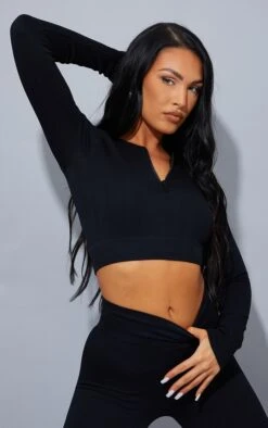 Black Structured Contour Rib Zip Up Long Sleeve Crop Top