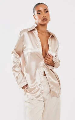 Champagne Satin Button Front Shirt
