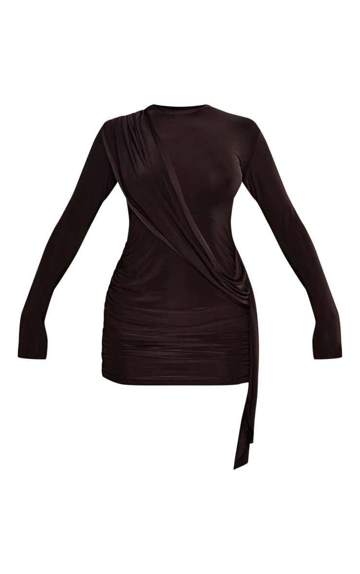 Chocolate Slinky Drape Detail Shoulder Pad Bodycon Dress - Image 5