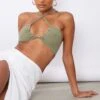 Khaki Linen Feel Tie Front Micro Crop Top