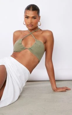 Khaki Linen Feel Tie Front Micro Crop Top