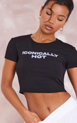Black Iconically Hot Print Fitted Crop T-shirt