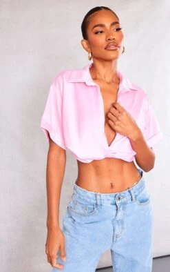Candy Pink Heavy Satin Twist Front Shirt
