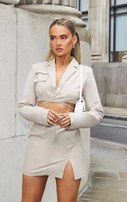 Stone Woven Cut Out Tie Waist Utility Style Blazer Bodycon Dress