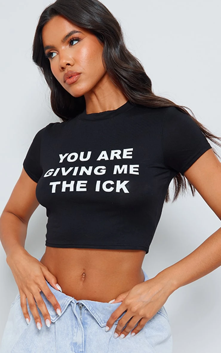 Black Slogan Print Fitted Cropped T-shirt - Image 4