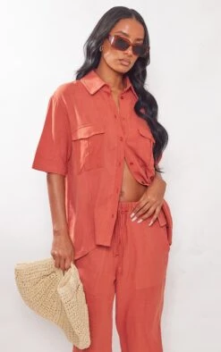 Rust Linen Look Pocket Front Short Sleeve Shirt