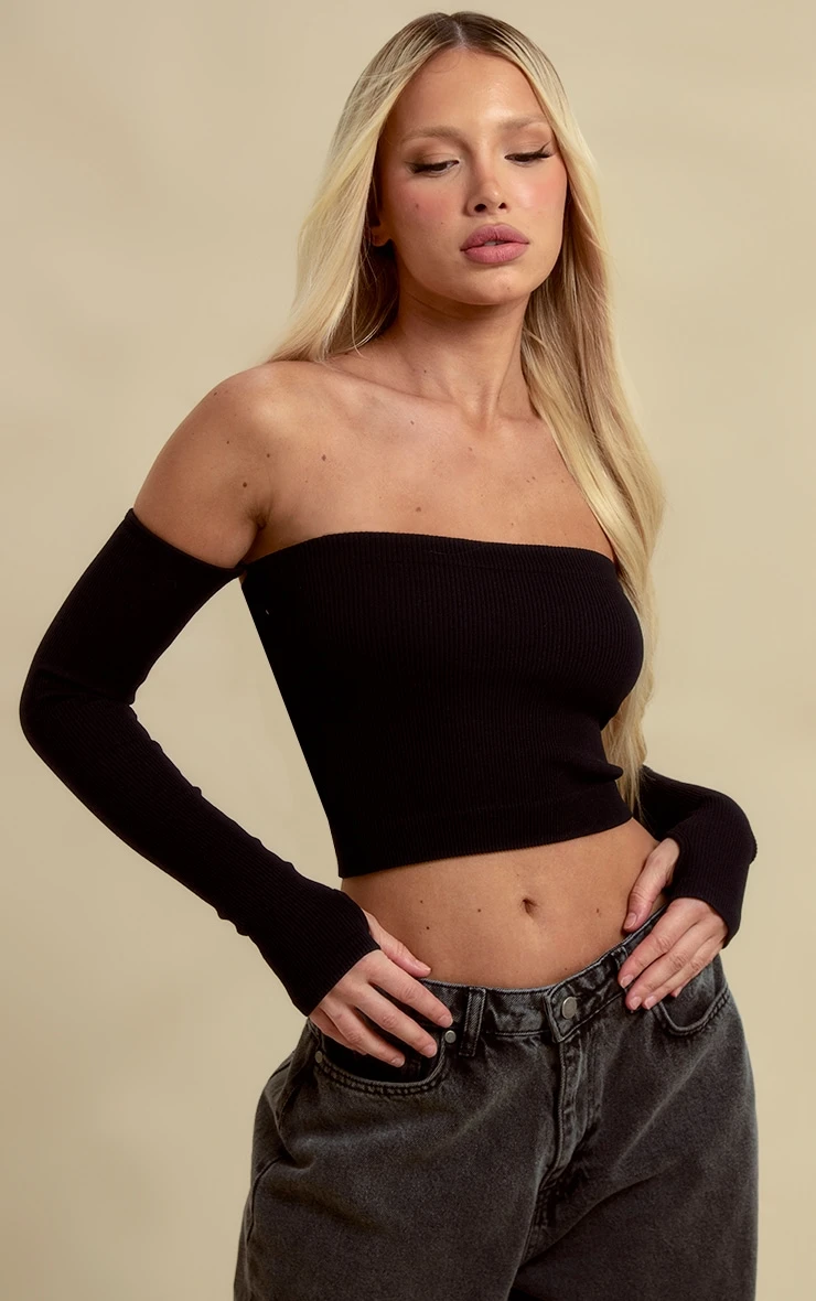 Black Structured Contour Rib Bardot Crop Top